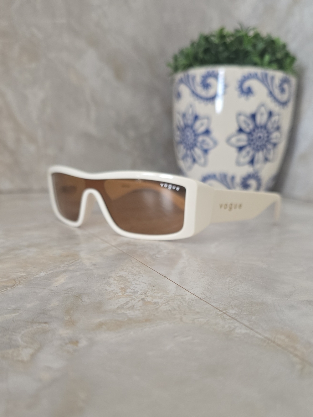 Vogue VO5442SM Wrap Rectangle Sunglasses Full Milk White Frame Brown Lens
